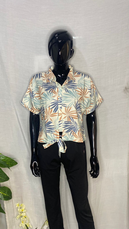 Semi Rayon Tropical Leaf Print Tie-Front Shirt for Women