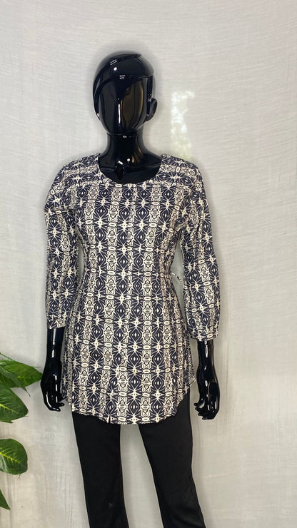 Pure Cotton Printed Long Sleeve Top – Navy & White Ethnic Pattern Women’s Kurti