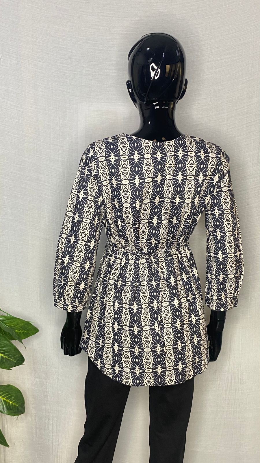 Pure Cotton Printed Long Sleeve Top – Navy & White Ethnic Pattern Women’s Kurti