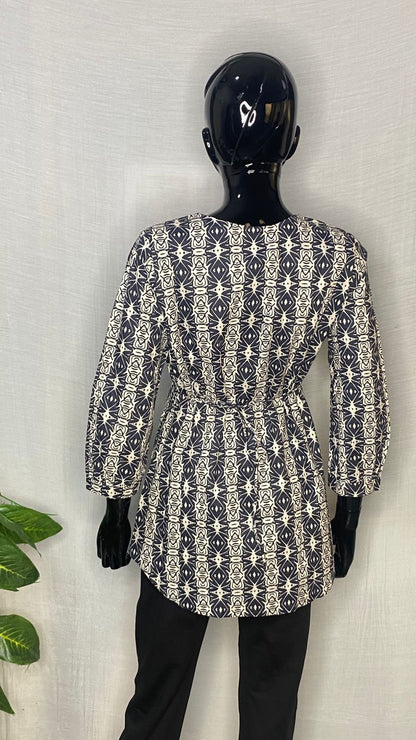 Pure Cotton Printed Long Sleeve Top – Navy & White Ethnic Pattern Women’s Kurti