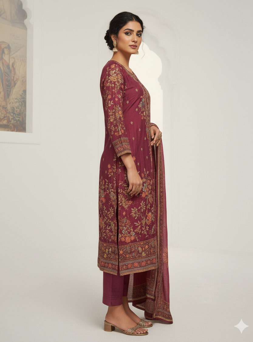 Elegant Muslin Embroidered Kurta–Pant–Dupatta Set | Lightweight & Stylish