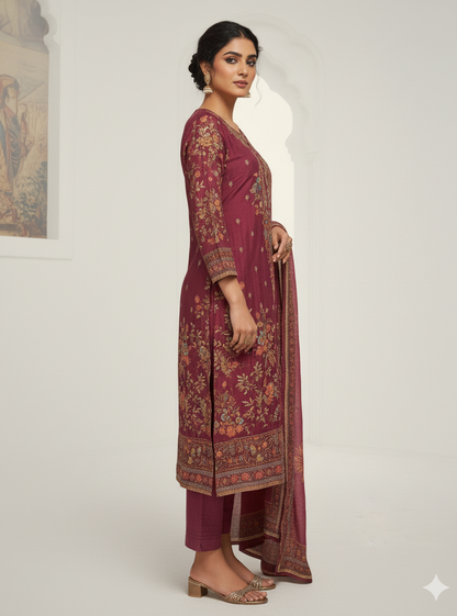 Elegant Muslin Embroidered Kurta–Pant–Dupatta Set | Lightweight & Stylish