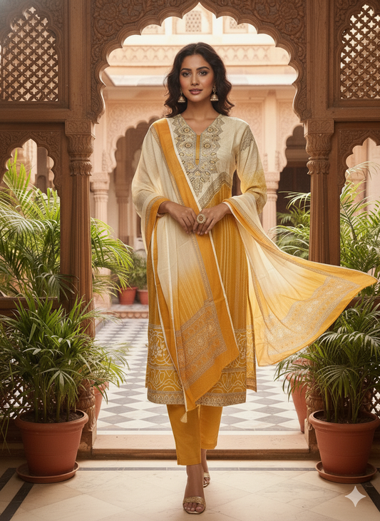 Elegant Muslin Embroidered Kurta–Pant–Dupatta Set | Lightweight & Stylish