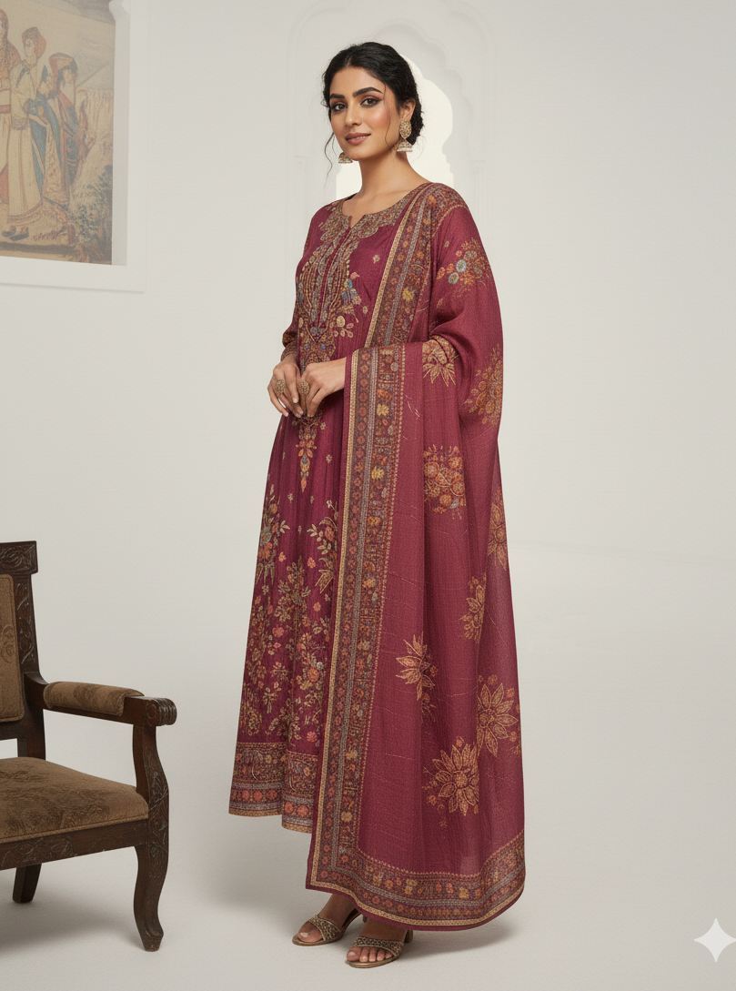 Elegant Muslin Embroidered Kurta–Pant–Dupatta Set | Lightweight & Stylish