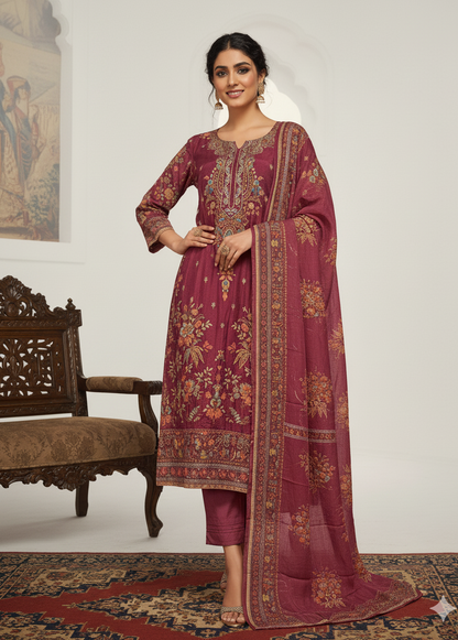 Elegant Muslin Embroidered Kurta–Pant–Dupatta Set | Lightweight & Stylish