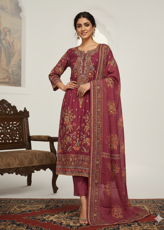 Elegant Muslin Embroidered Kurta–Pant–Dupatta Set | Lightweight & Stylish