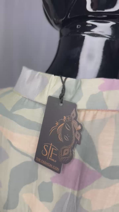 Elegant Pastel Leaf Print Pure Muslin Gathered Dress