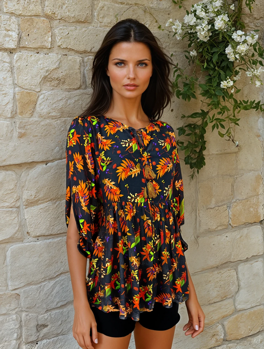 Boho Bloom Pure Muslin Floral Printed Top with Tassel Tie-Up – Black Base